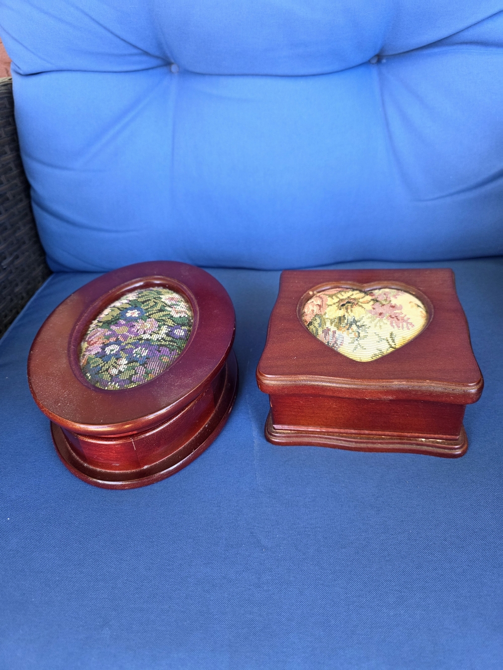 Vintage Floral Embroidered Wooden Jewelry 2 Box Set  Velvet Lined Needlepoint